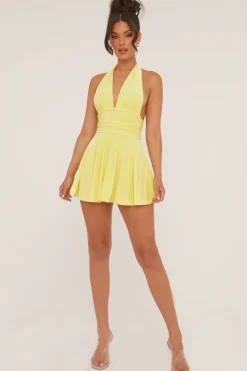 Rebellious Fashion Yellow Halter Plunge Neck Mini Dress - Pippa