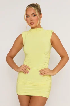 Rebellious Fashion Yellow High Neck Shoulder Pad Ruched Mini Dress - Selma