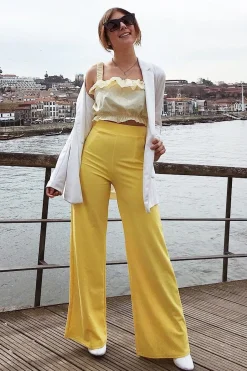 Rebellious Fashion Yellow High Waisted Flare Trousers - Kym