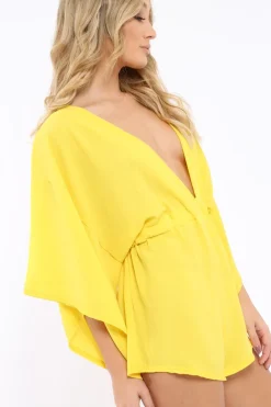 Rebellious Fashion Yellow Kimono Plunge Playsuit - Alisa