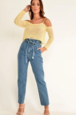 Rebellious Fashion Yellow Knitted Bardot Crop Top - Inari