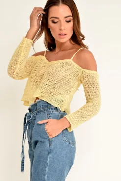 Rebellious Fashion Yellow Knitted Bardot Crop Top - Inari