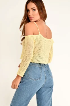 Rebellious Fashion Yellow Knitted Bardot Crop Top - Inari