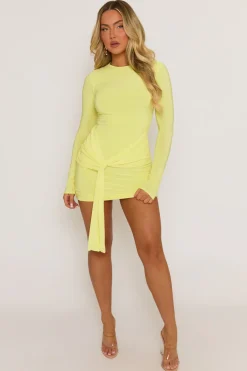 Rebellious Fashion Yellow Knot Front Long Sleeve Mini Dress - Juliet