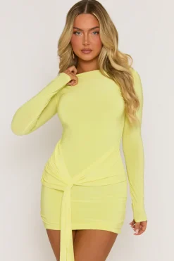Rebellious Fashion Yellow Knot Front Long Sleeve Mini Dress - Juliet