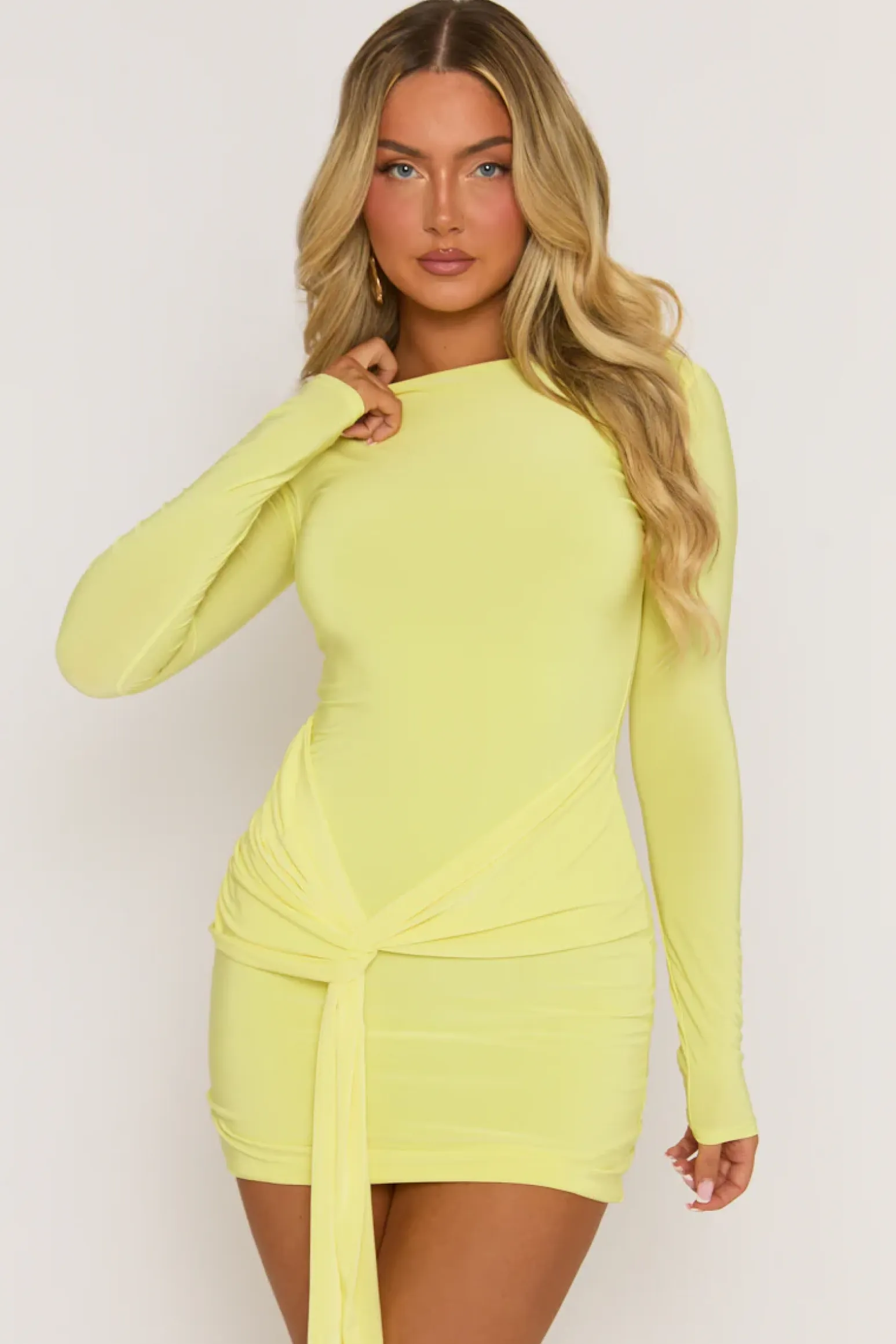 Rebellious Fashion Yellow Knot Front Long Sleeve Mini Dress - Juliet