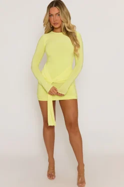 Rebellious Fashion Yellow Knot Front Long Sleeve Mini Dress - Juliet