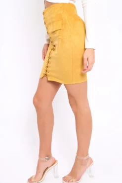 Rebellious Fashion Yellow Lace Up Suedette Mini Skirt - Lotty