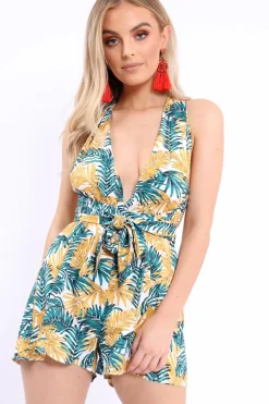Rebellious Fashion Yellow Leaf Print Halterneck Playsuit - Esmeralda