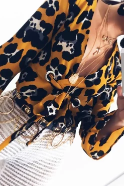 Rebellious Fashion Yellow Leopard Flare Sleeve Tie Crop Blouse - Coralie