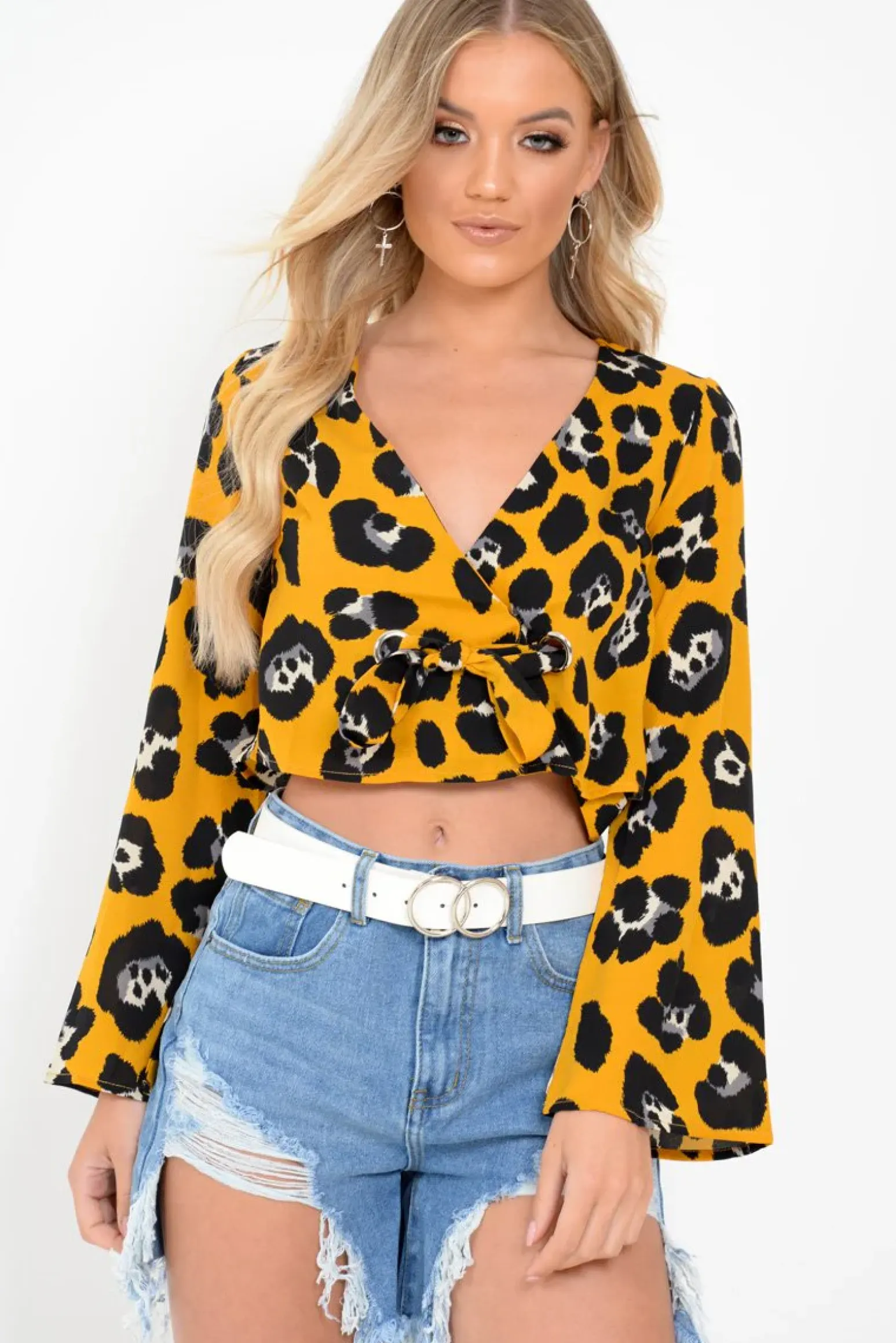 Rebellious Fashion Yellow Leopard Flare Sleeve Tie Crop Blouse - Coralie