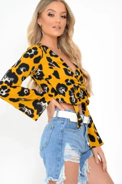 Rebellious Fashion Yellow Leopard Flare Sleeve Tie Crop Blouse - Coralie