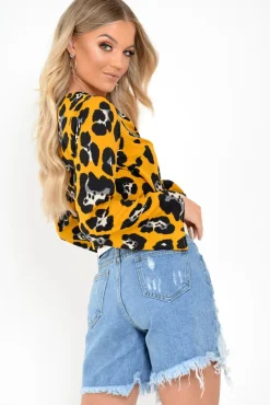 Rebellious Fashion Yellow Leopard Flare Sleeve Tie Crop Blouse - Coralie