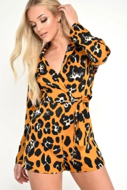 Rebellious Fashion Yellow Leopard Long Sleeve Plunge Playsuit - Kailaya