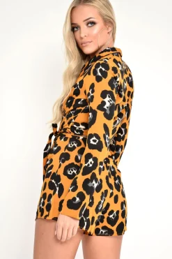 Rebellious Fashion Yellow Leopard Long Sleeve Plunge Playsuit - Kailaya