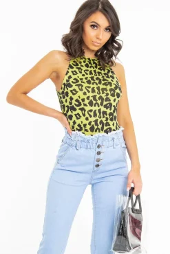 Rebellious Fashion Yellow Leopard Print Halter Neck Sleeveless Bodysuit - Aarika