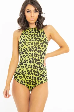 Rebellious Fashion Yellow Leopard Print Halter Neck Sleeveless Bodysuit - Aarika
