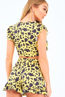 Rebellious Fashion Yellow Leopard Print Ruffle Crop Top And Shorts Co-Ord - Liylah