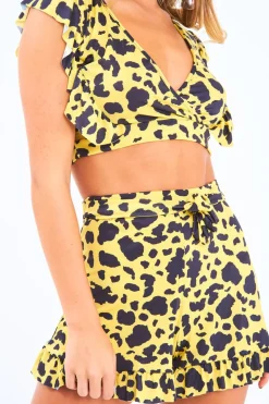 Rebellious Fashion Yellow Leopard Print Ruffle Crop Top And Shorts Co-Ord - Liylah
