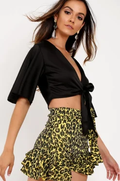 Rebellious Fashion Yellow Leopard Ruffle Trim Belted Shorts - Afra