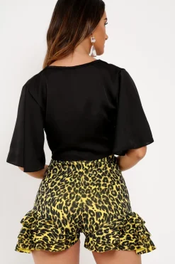 Rebellious Fashion Yellow Leopard Ruffle Trim Belted Shorts - Afra