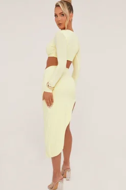 Rebellious Fashion Yellow Metal Trim Cropped Top & Asymmetric Midi Skirt - Alhana
