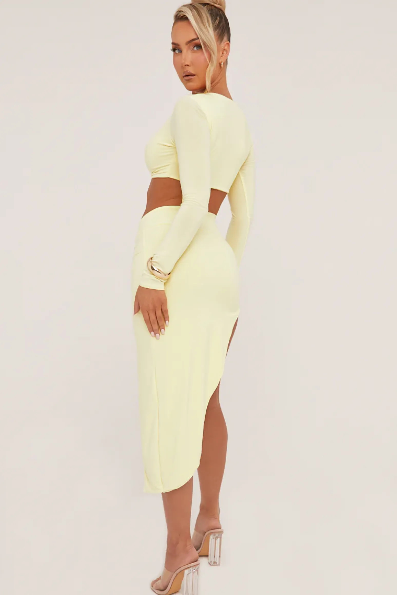 Rebellious Fashion Yellow Metal Trim Cropped Top & Asymmetric Midi Skirt - Alhana