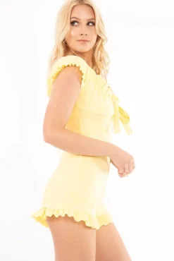 Rebellious Fashion Yellow Milkmaid Frill Detail Playsuit - Frona