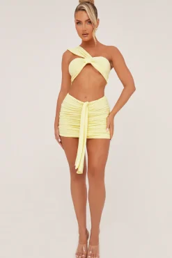 Rebellious Fashion Yellow One Shoulder Cropped Top & Ruched Mini skirt Co-ord Set - Dahlia