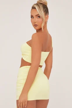 Rebellious Fashion Yellow One Shoulder Cropped Top & Ruched Mini skirt Co-ord Set - Dahlia