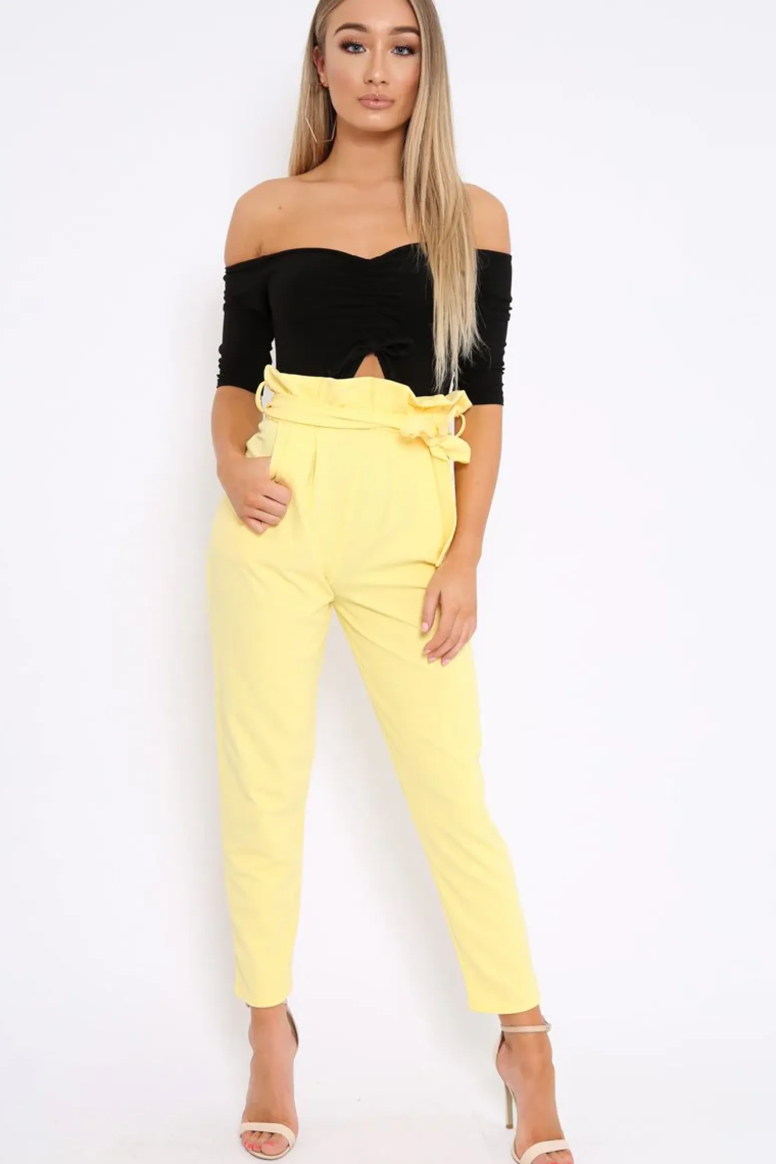 Rebellious Fashion Yellow Paper Bag Tie Waist Cigarette Trousers - Karmen