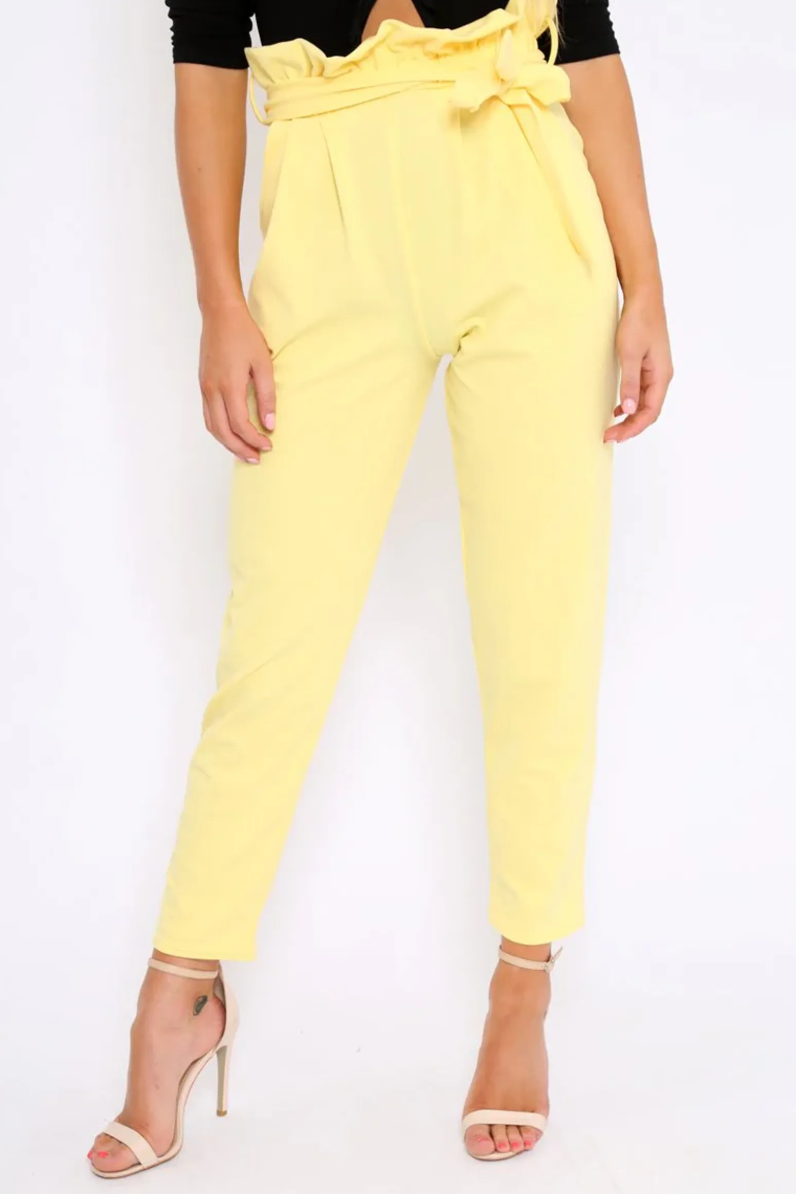 Rebellious Fashion Yellow Paper Bag Tie Waist Cigarette Trousers - Karmen
