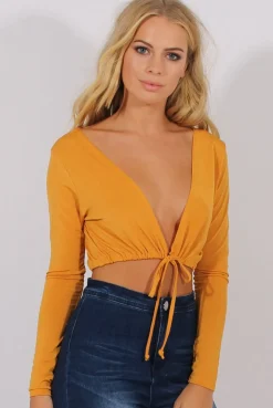 Rebellious Fashion Yellow Plunge Drawstring Crop Top - Aggie