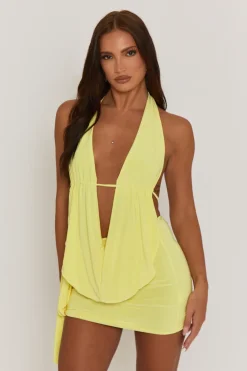 Rebellious Fashion Yellow Plunge Neck Cowl Detail Top & Mini Skirt Co-ord Set - Lama