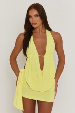 Rebellious Fashion Yellow Plunge Neck Cowl Detail Top & Mini Skirt Co-ord Set - Lama