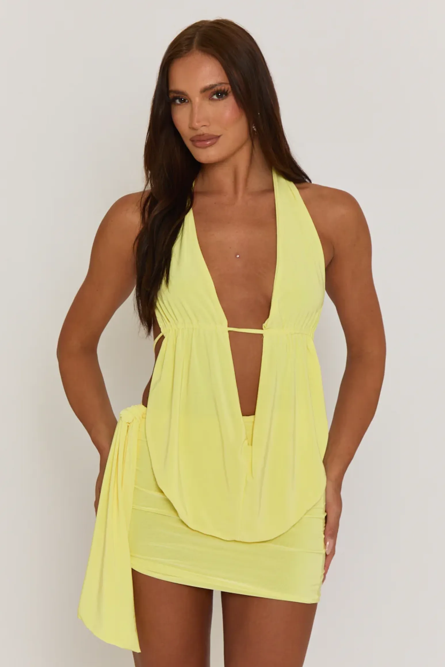 Rebellious Fashion Yellow Plunge Neck Cowl Detail Top & Mini Skirt Co-ord Set - Lama