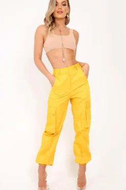 Rebellious Fashion Yellow Pocket High Waist Cargo Cuffed Trousers - Galya