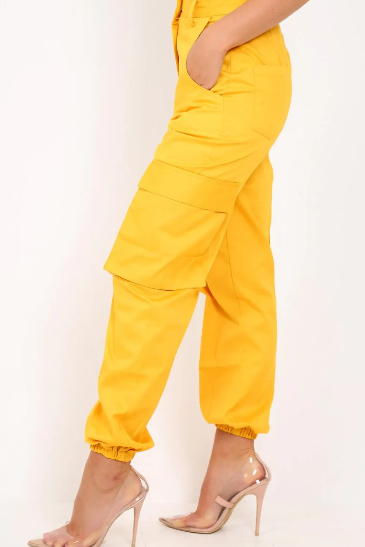 Rebellious Fashion Yellow Pocket High Waist Cargo Cuffed Trousers - Galya