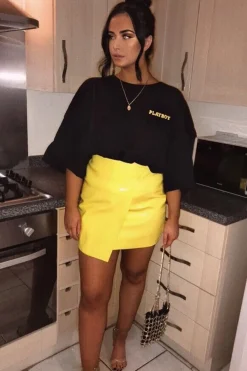 Rebellious Fashion Yellow PU Faux Croc Wrap Over Skirt - Enessa