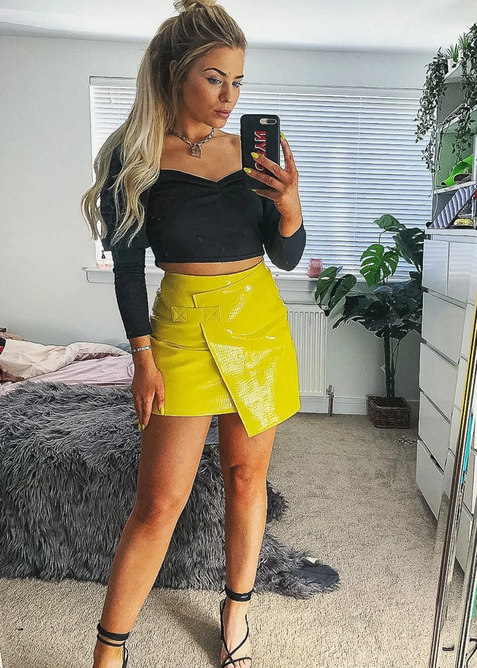 Rebellious Fashion Yellow PU Faux Croc Wrap Over Skirt - Enessa