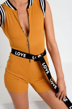 Rebellious Fashion Yellow Ribbed Zip Front Sports Trim Playsuit - Lyah