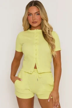 Rebellious Fashion Yellow Rib Button Front Top and Short Co-ord Set - Dua