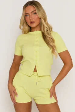 Rebellious Fashion Yellow Rib Button Front Top and Short Co-ord Set - Dua