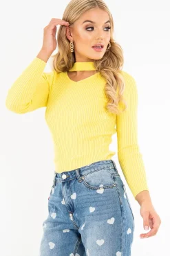 Rebellious Fashion Yellow Rib Knit Choker Cut Out Jumper - Jamisen