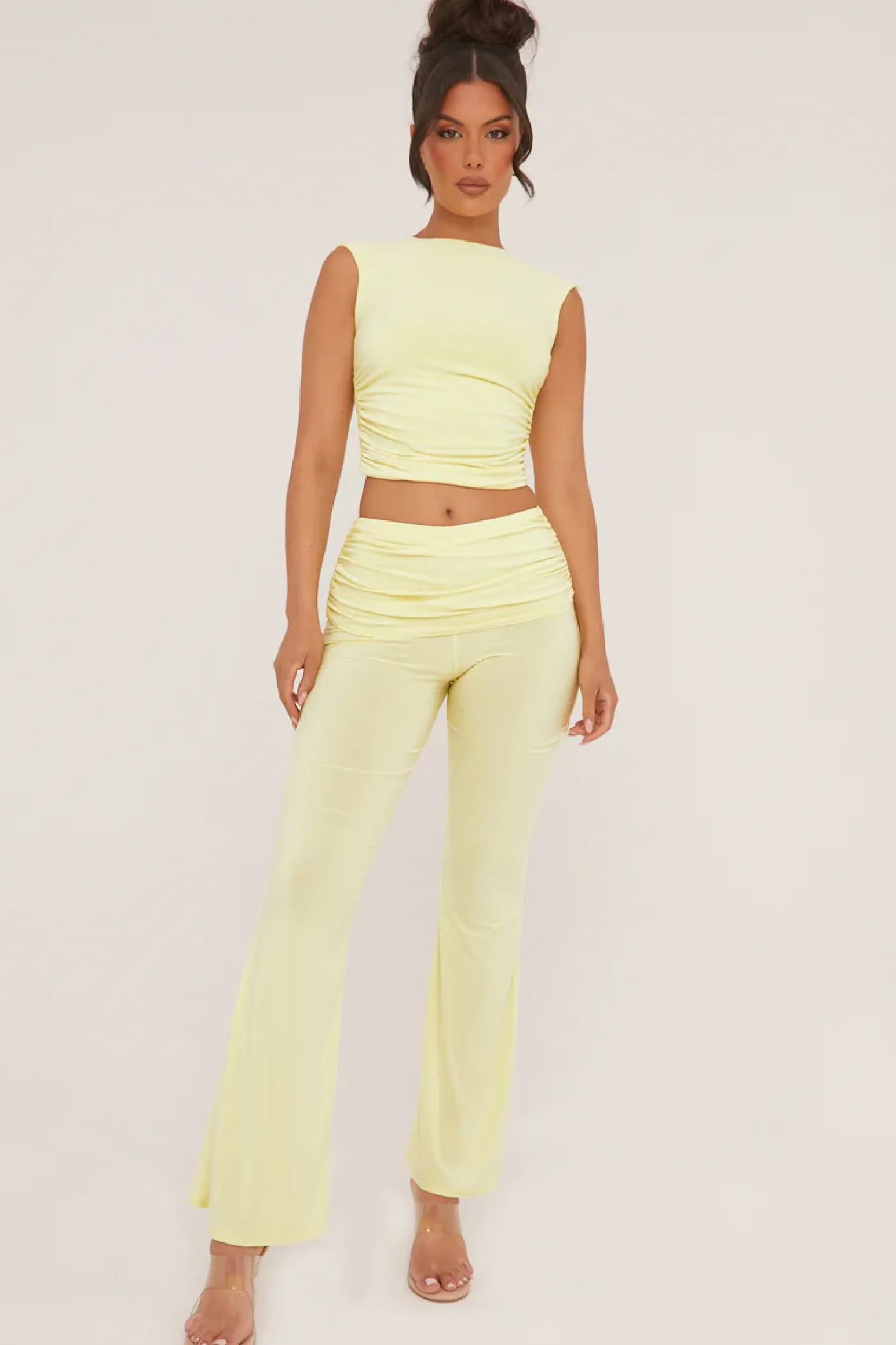Rebellious Fashion Yellow Ruched Cropped Top & Trousers Co-ord Set - Edie