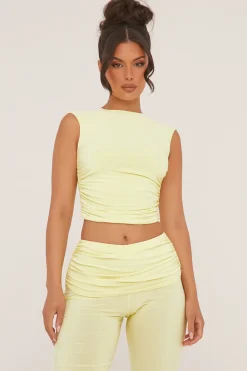 Rebellious Fashion Yellow Ruched Cropped Top & Trousers Co-ord Set - Edie