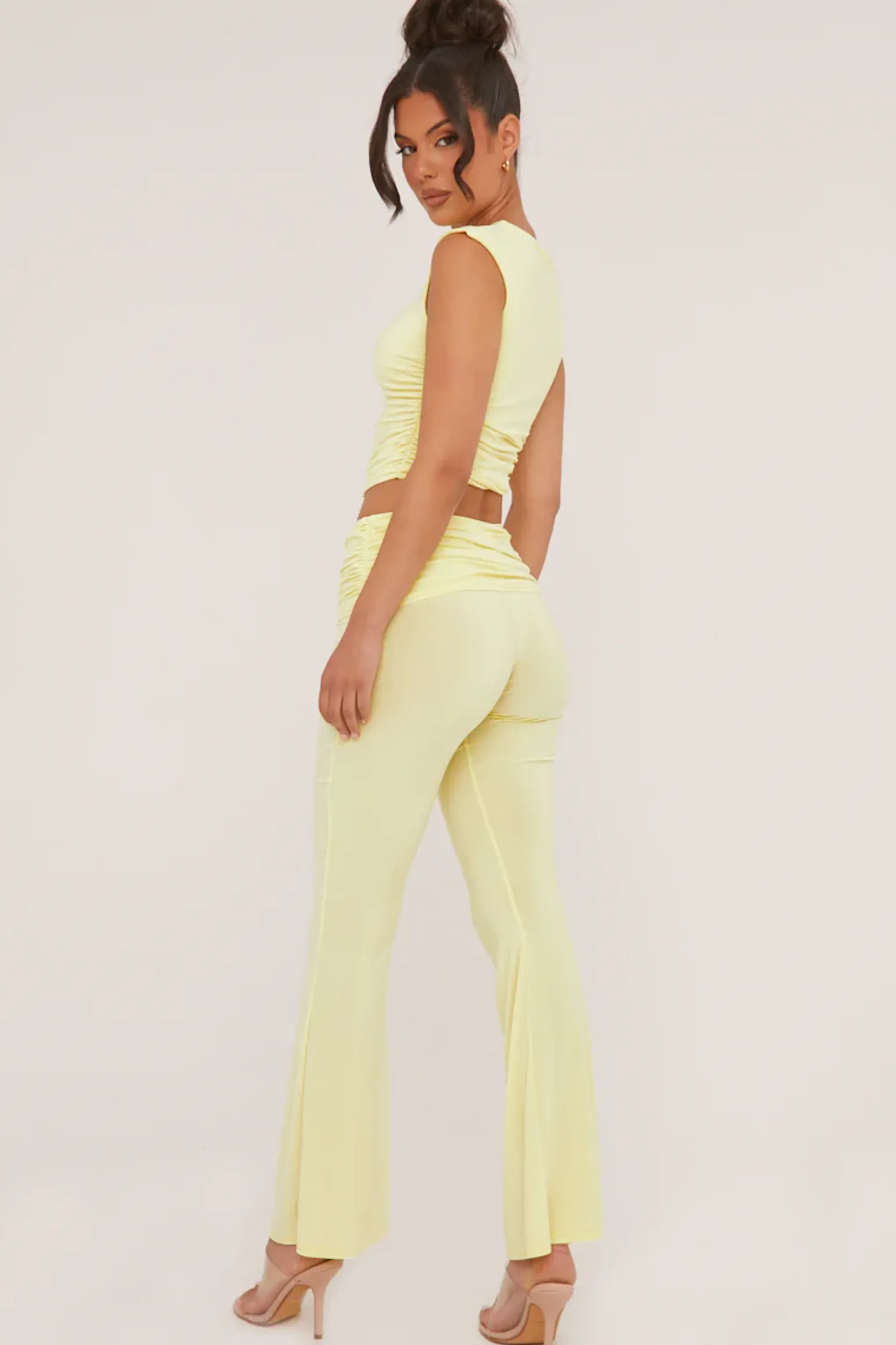 Rebellious Fashion Yellow Ruched Cropped Top & Trousers Co-ord Set - Edie
