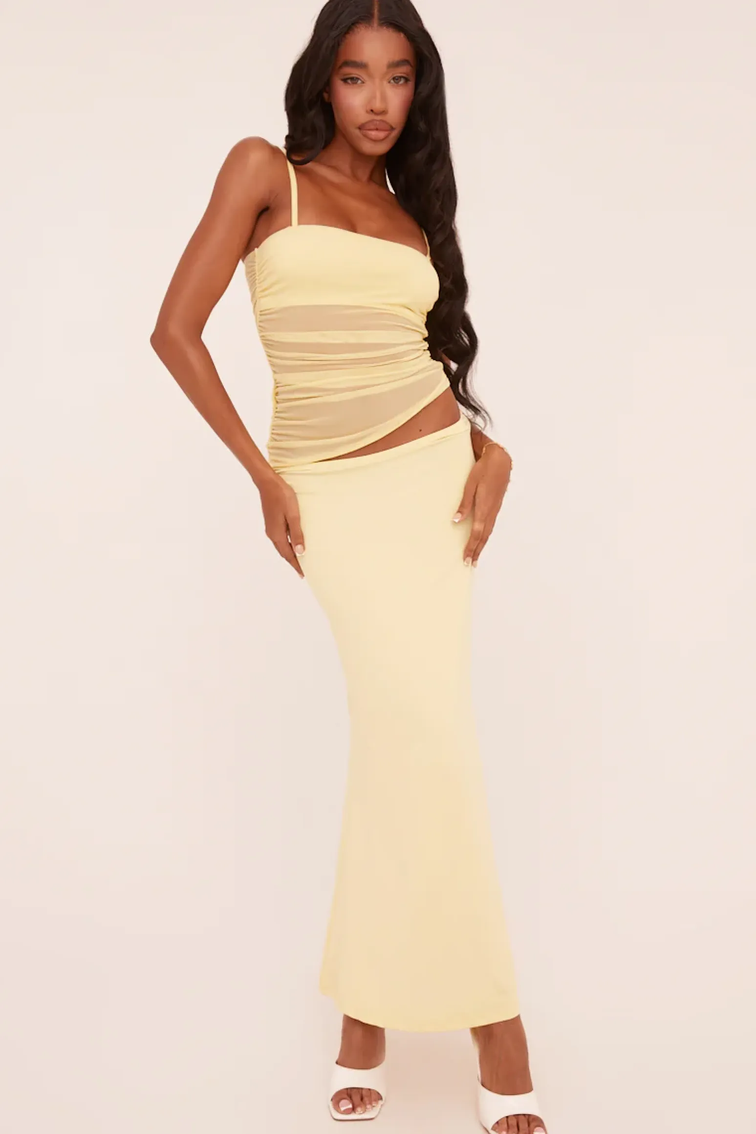 Rebellious Fashion Yellow Ruched Mesh Top & Maxi Skirt Co-ord Set - Timberly