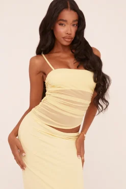 Rebellious Fashion Yellow Ruched Mesh Top & Maxi Skirt Co-ord Set - Timberly