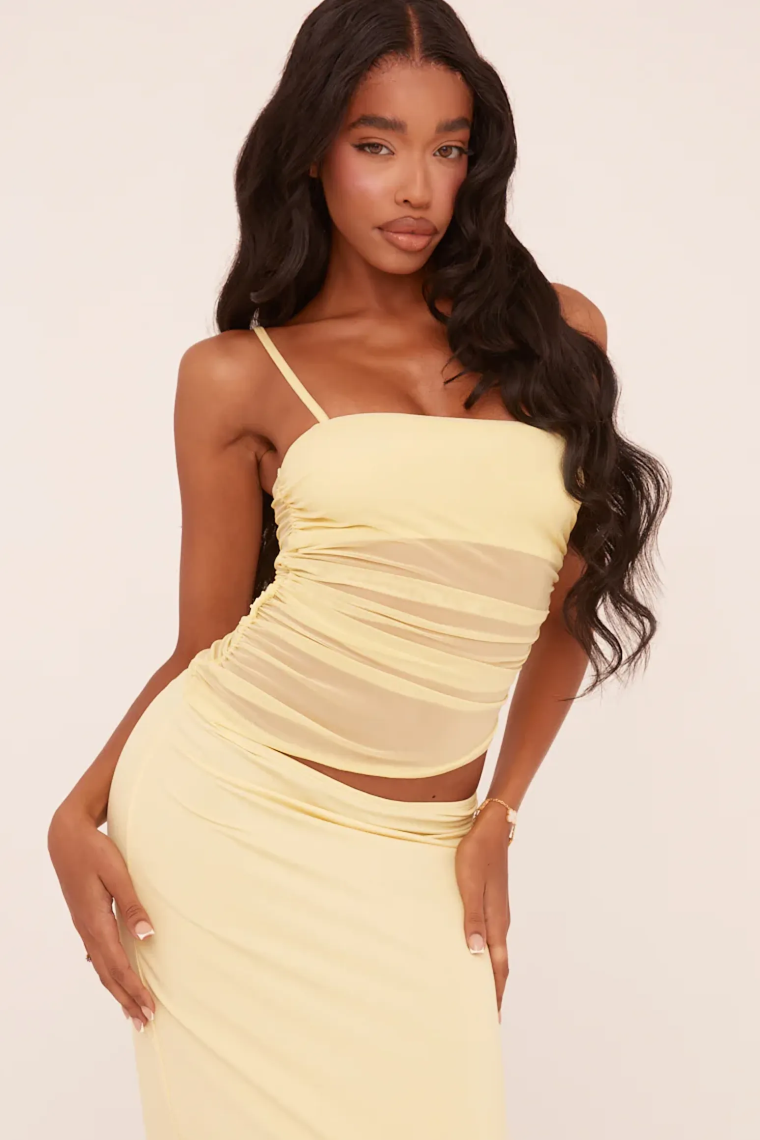 Rebellious Fashion Yellow Ruched Mesh Top & Maxi Skirt Co-ord Set - Timberly